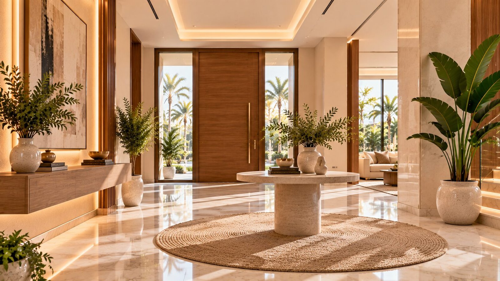 Luxurious Biophilic Entryway with Central Table