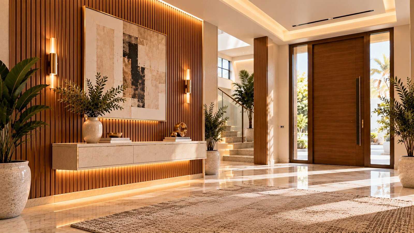 Sunlit Luxury Foyer with Marble and Wood