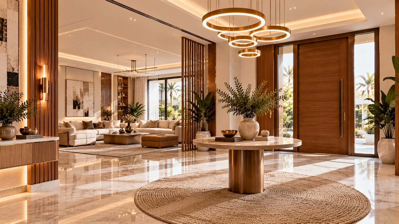 Warm Modern Luxury Foyer and Living Room